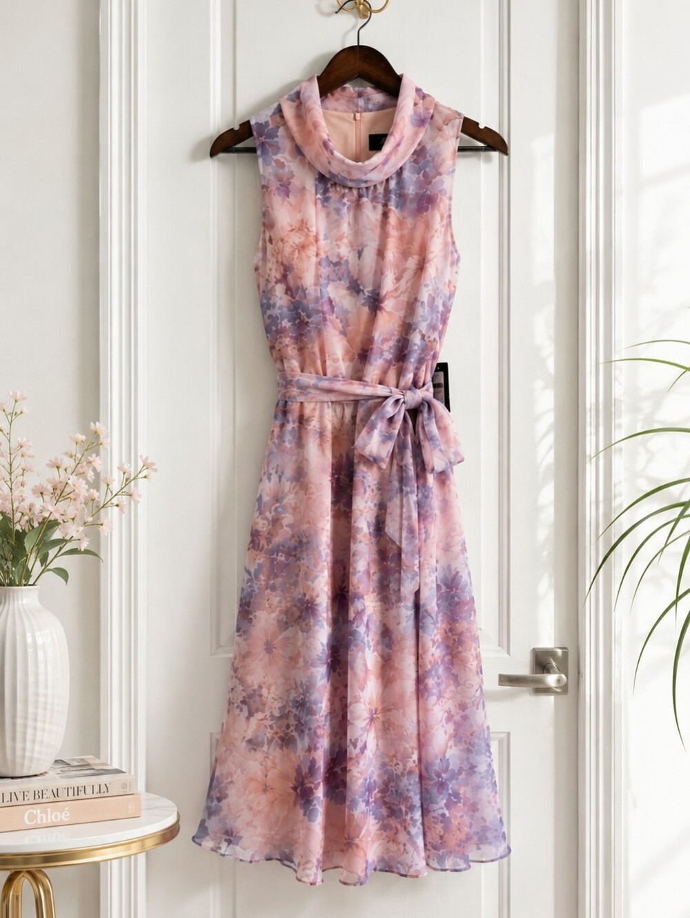 JH Pastel Floral Chiffon Belted Midi Dress Size 10 NWT